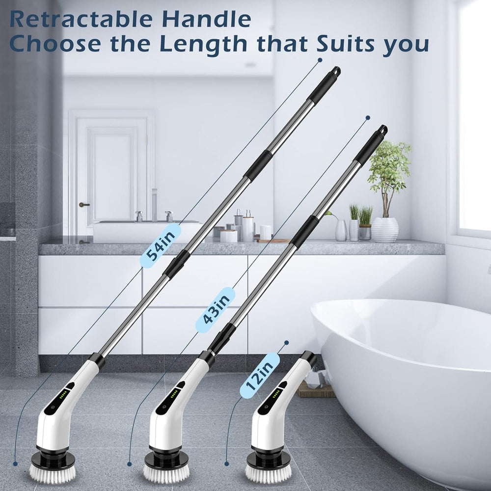 Electric spin scrubber with extendable handle shown at 12, 43 and 54 inches in a bathroom