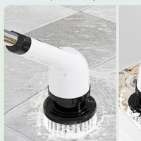 Spin scrubber cleaning wet bathroom tiles with the flat brush head
